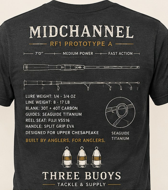 Equipment Collection back print — MIDCHANNEL rod specifications, Three Buoys engineering series