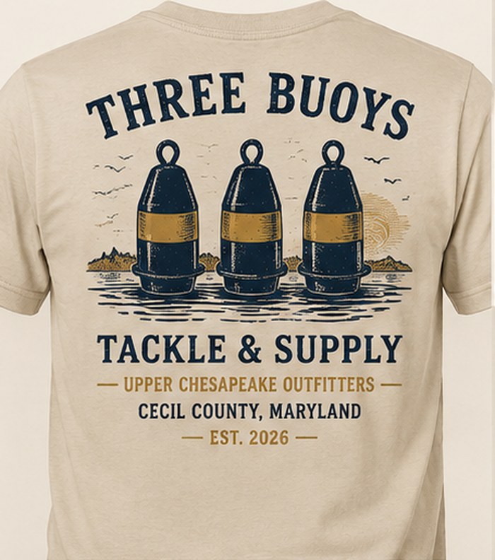 Heritage Collection back print — Three Buoys Tackle & Supply, Cecil County, Maryland